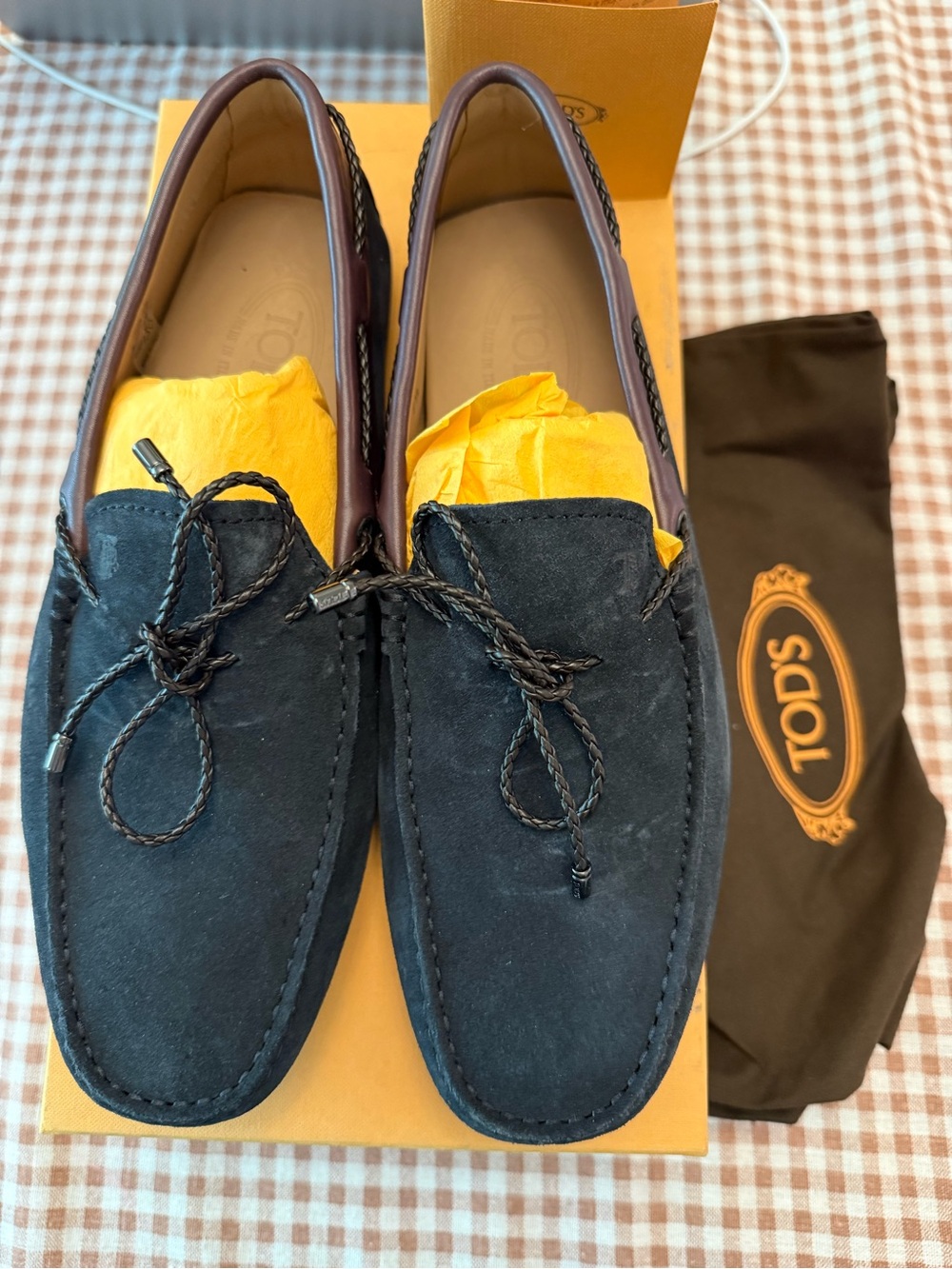 Tod's navy Suede Braided Lace Driving Loafers Mocs NEW IN BOX BARNEYS 8.5